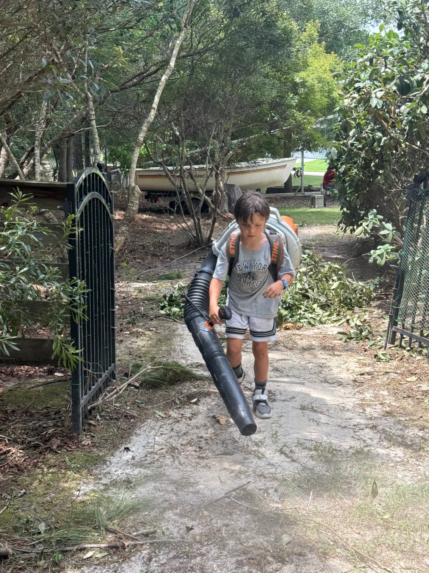 Young helper with a Stihl backpack blower clearing trimmings from a garden path after tree work